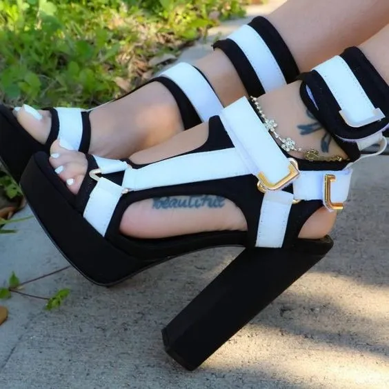 2020 Women Platform Sandals Open Toe Cut Out High Heels Shoes Hook-and-Loop Ankle Strap Sexy Stiletto Shoes Buckle Decor Sandals