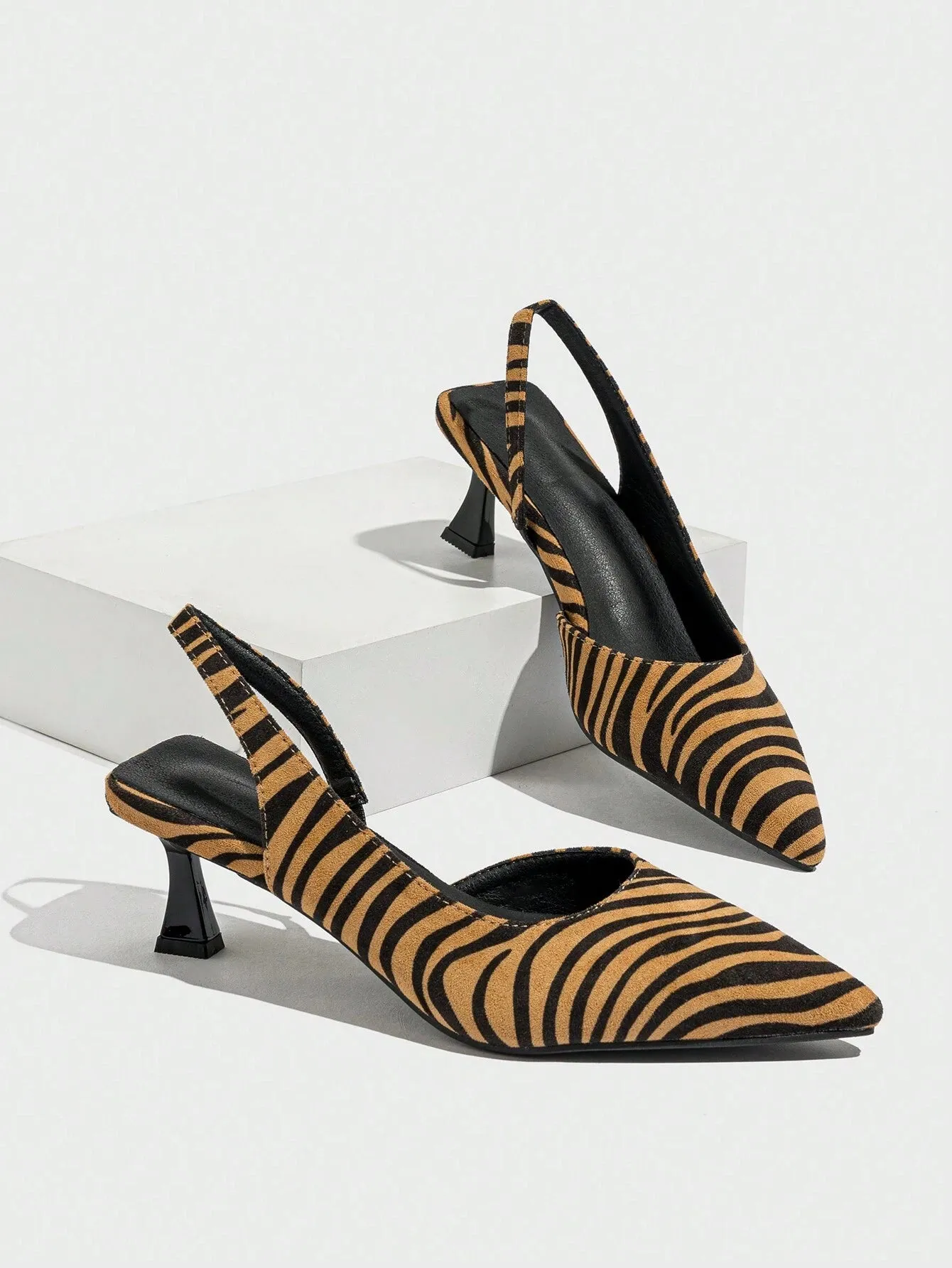 2024 New Autumn Fashion Pointed Toe Backstrap Zebra Print Quality Mid Heel Slip-On Leopard Print Backless