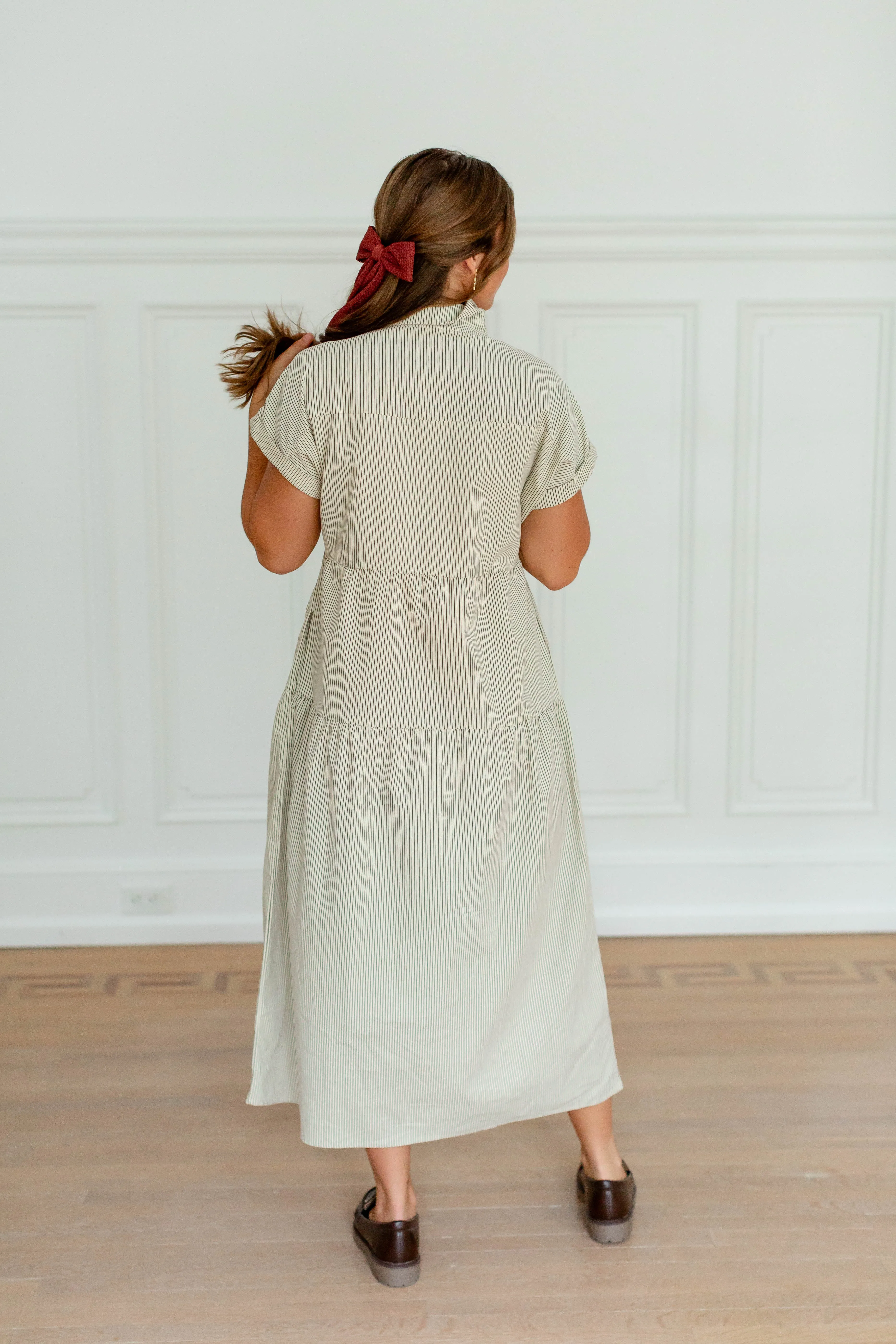 'Angie' Pinstripe Corduroy Button Up Dress in Cream