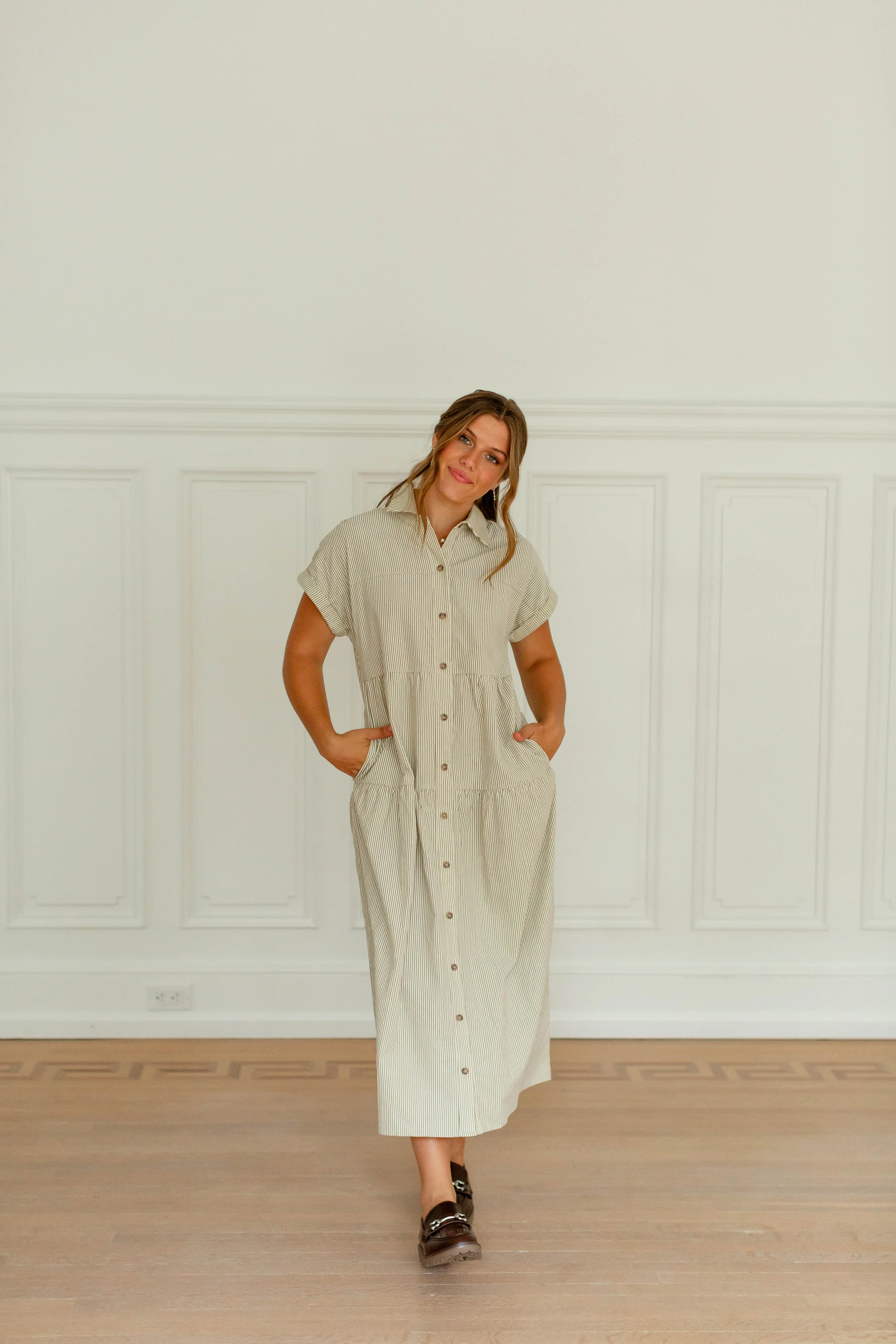 'Angie' Pinstripe Corduroy Button Up Dress in Cream