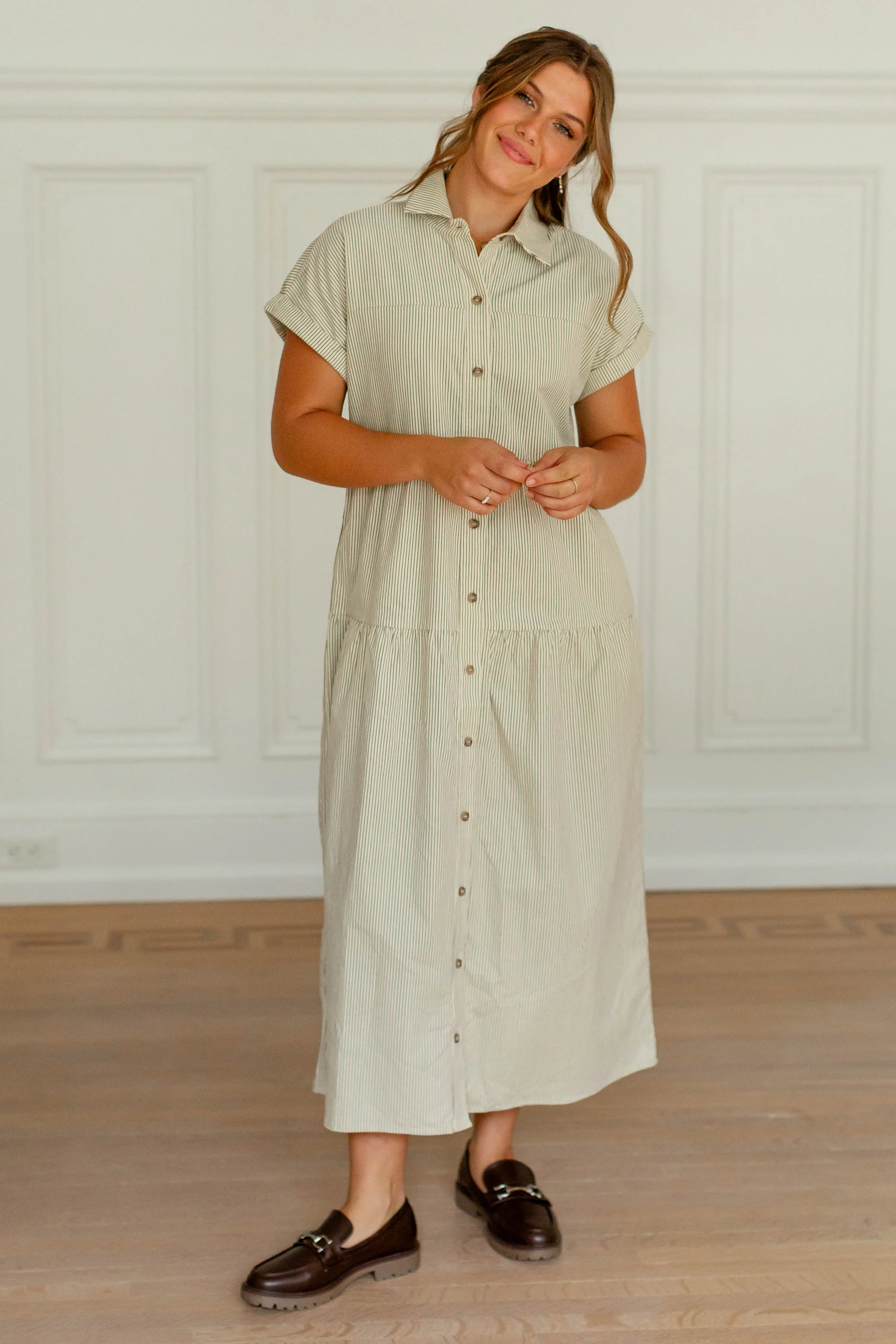 'Angie' Pinstripe Corduroy Button Up Dress in Cream