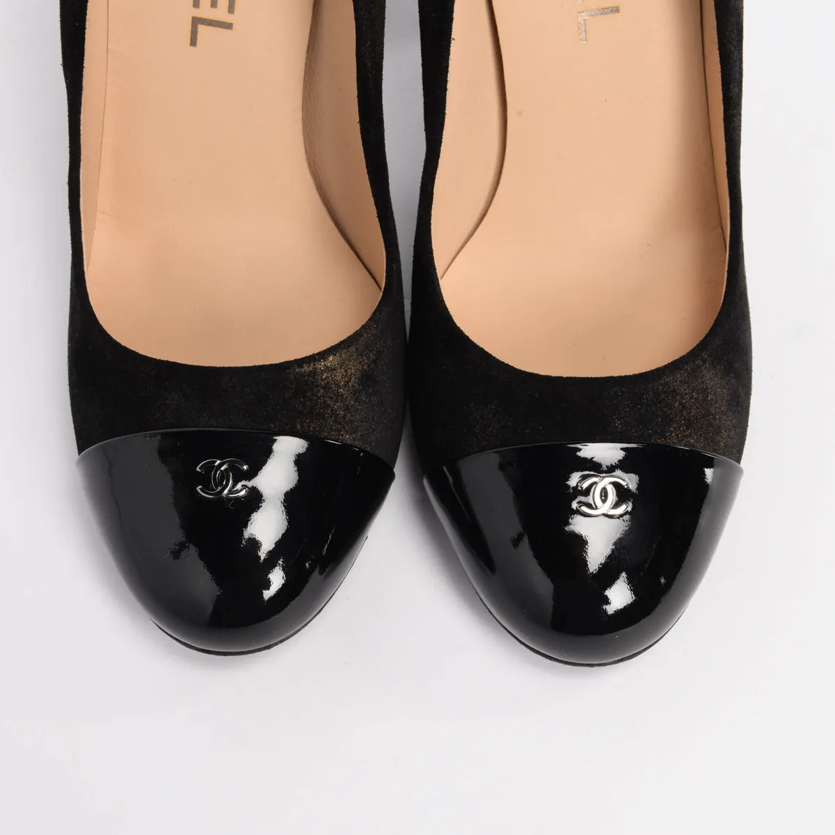 Chanel Black Metallic Suede Cap Toe CC Pumps 37