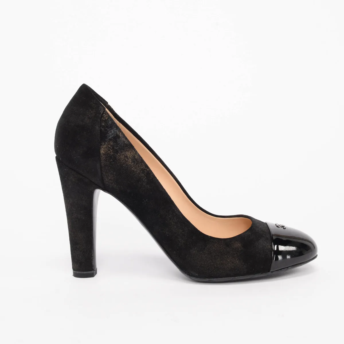 Chanel Black Metallic Suede Cap Toe CC Pumps 37