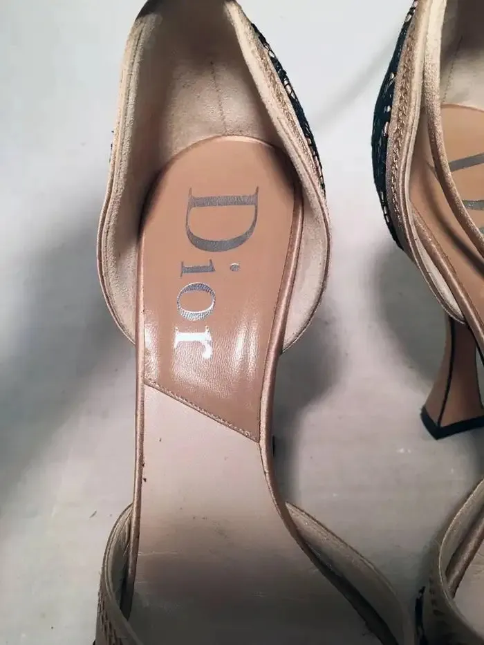 Christian Dior Blush Satin and Black Lace High Heel Ankle Strap Shoes Size 7