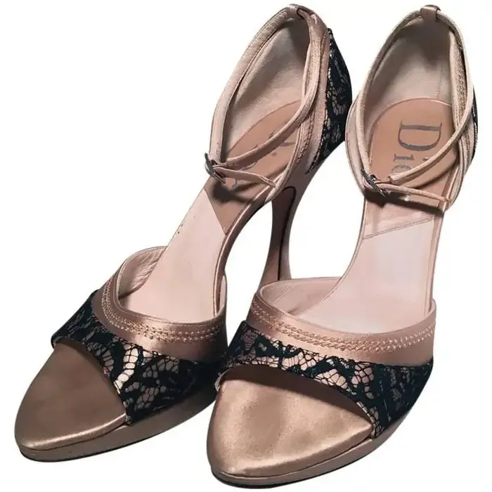 Christian Dior Blush Satin and Black Lace High Heel Ankle Strap Shoes Size 7