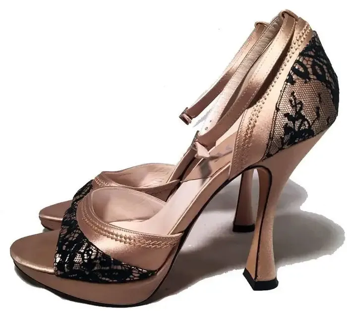 Christian Dior Blush Satin and Black Lace High Heel Ankle Strap Shoes Size 7