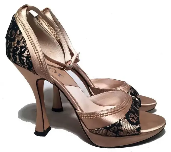 Christian Dior Blush Satin and Black Lace High Heel Ankle Strap Shoes Size 7