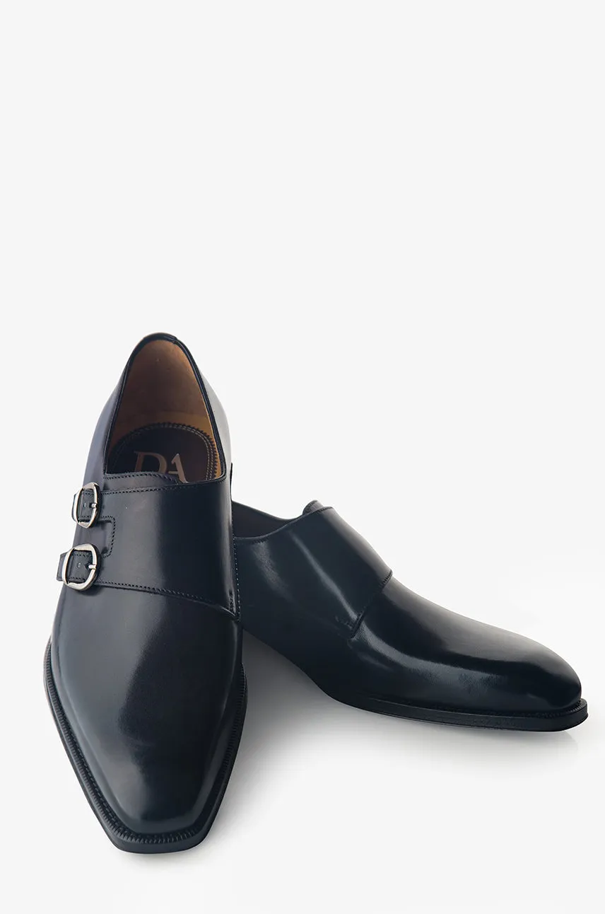 David August Leather Double Monk-strap Shoes in Nero Black