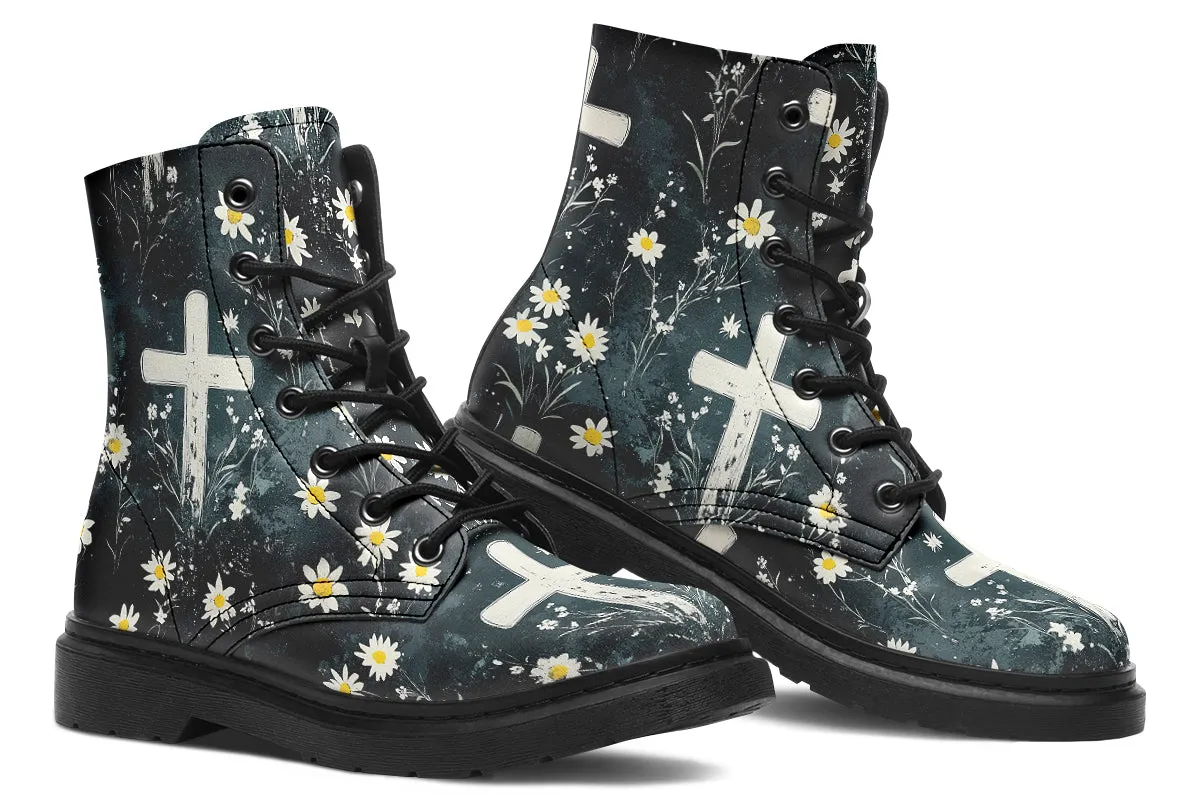 Graveyard Bloom Boots - Vegan Leather Doc-Style Boots with Durable Stitched on Soles