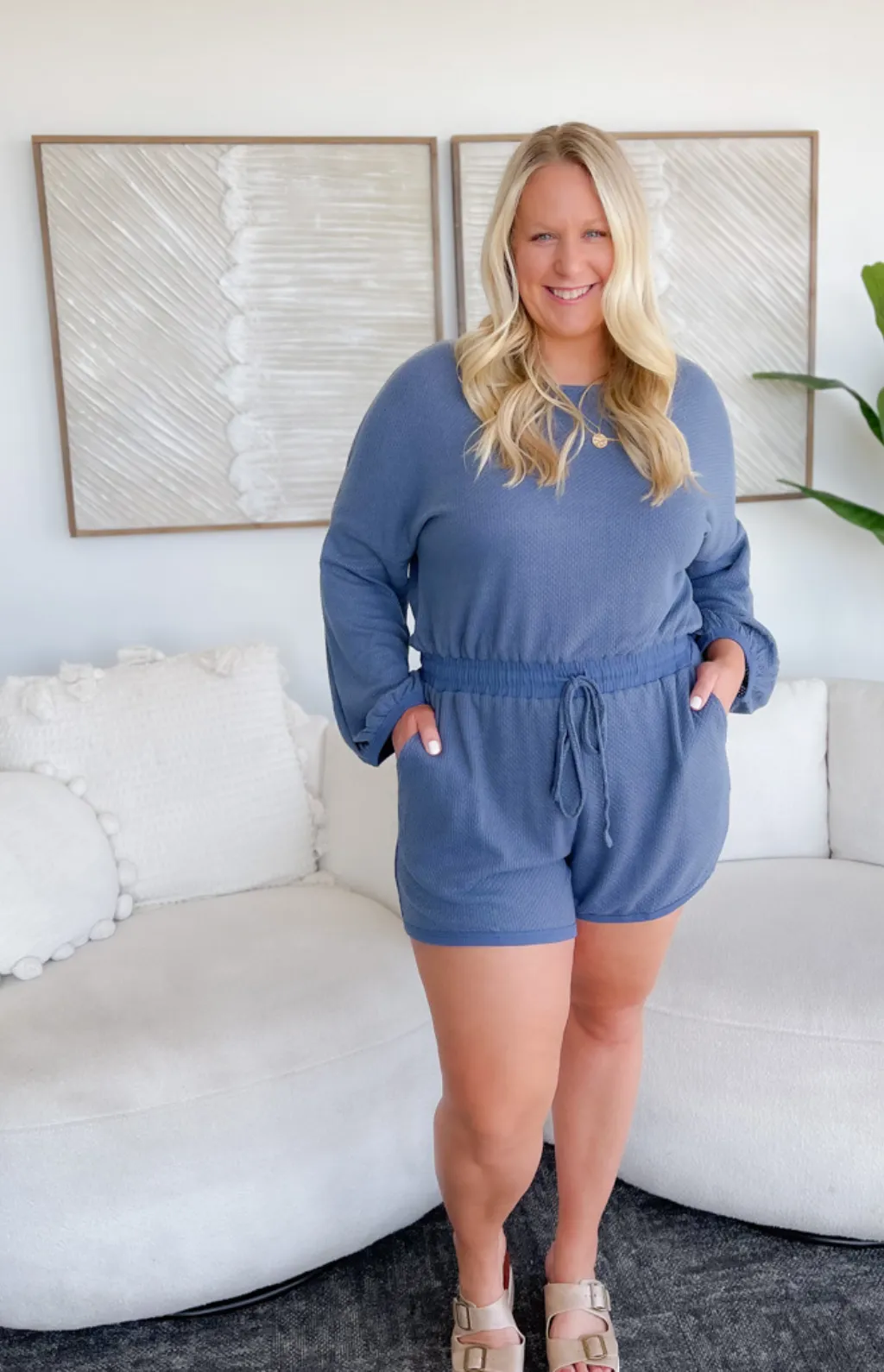 Kimmy Blue Long Sleeve Romper-Curvy