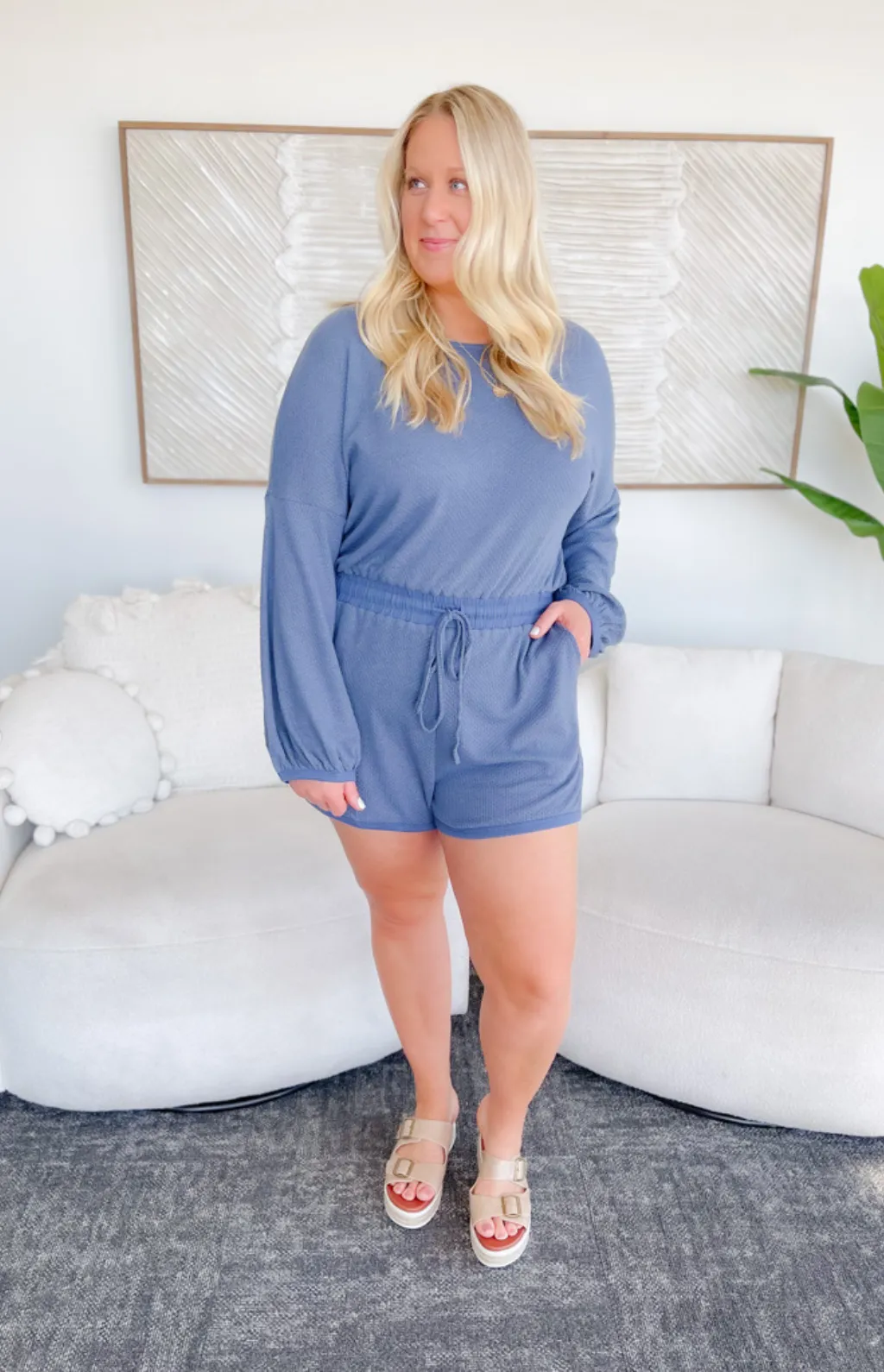 Kimmy Blue Long Sleeve Romper-Curvy