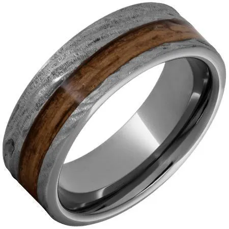 " The Cowboy" 100% USA Made Build Your Own Ring Rugged Tungsten Flat Band with Off-Center Inlay and Bark Finish