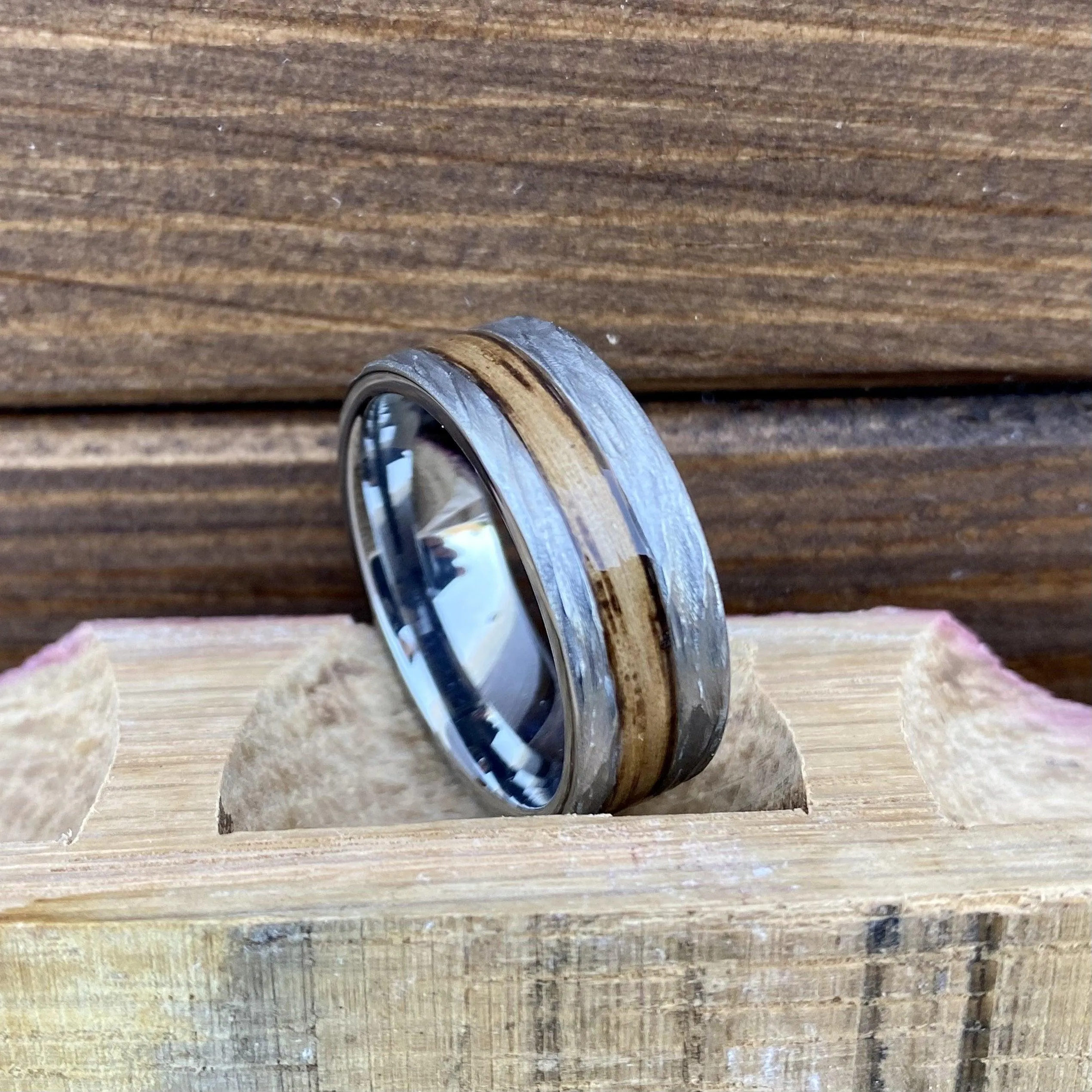 " The Cowboy" 100% USA Made Build Your Own Ring Rugged Tungsten Flat Band with Off-Center Inlay and Bark Finish