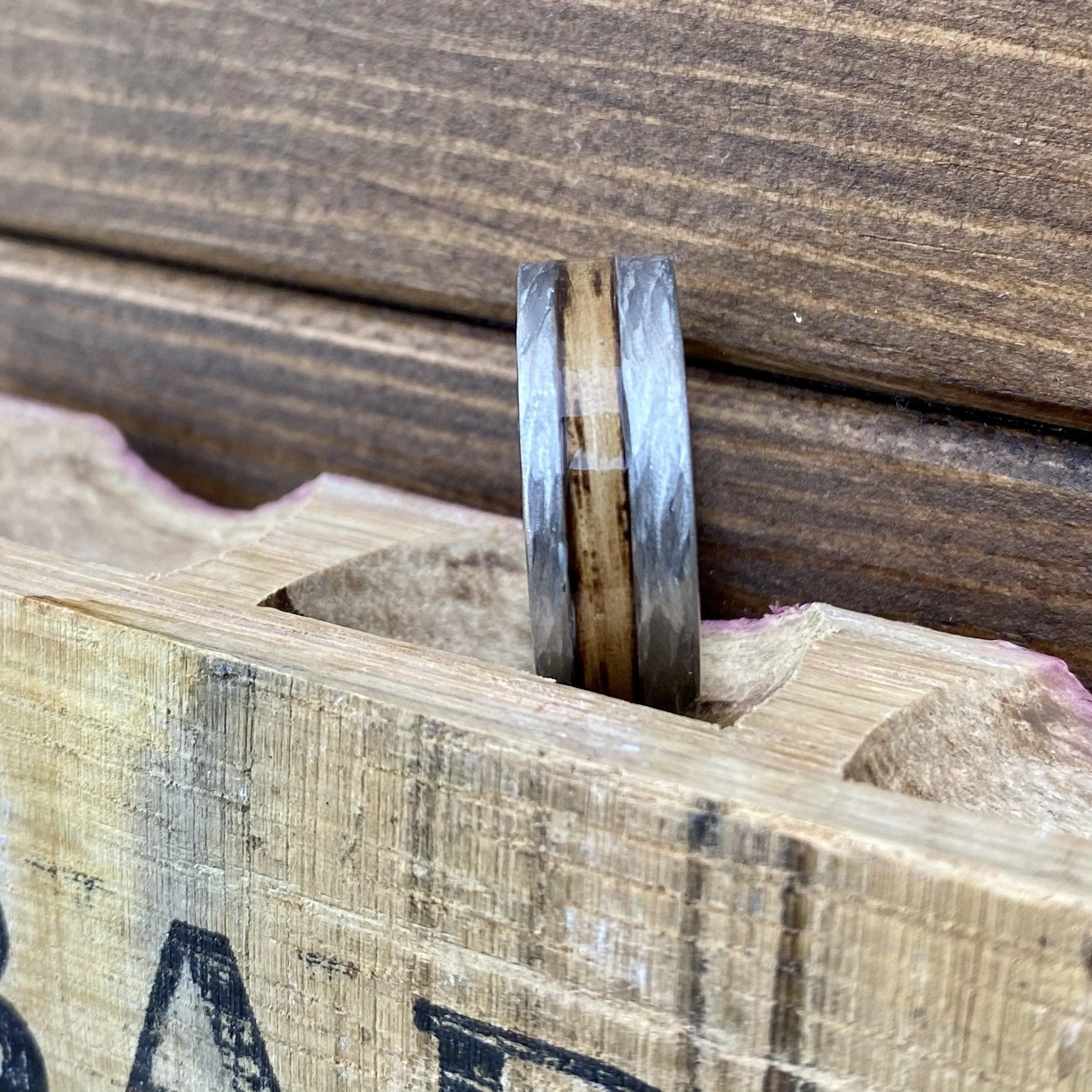 " The Cowboy" 100% USA Made Build Your Own Ring Rugged Tungsten Flat Band with Off-Center Inlay and Bark Finish