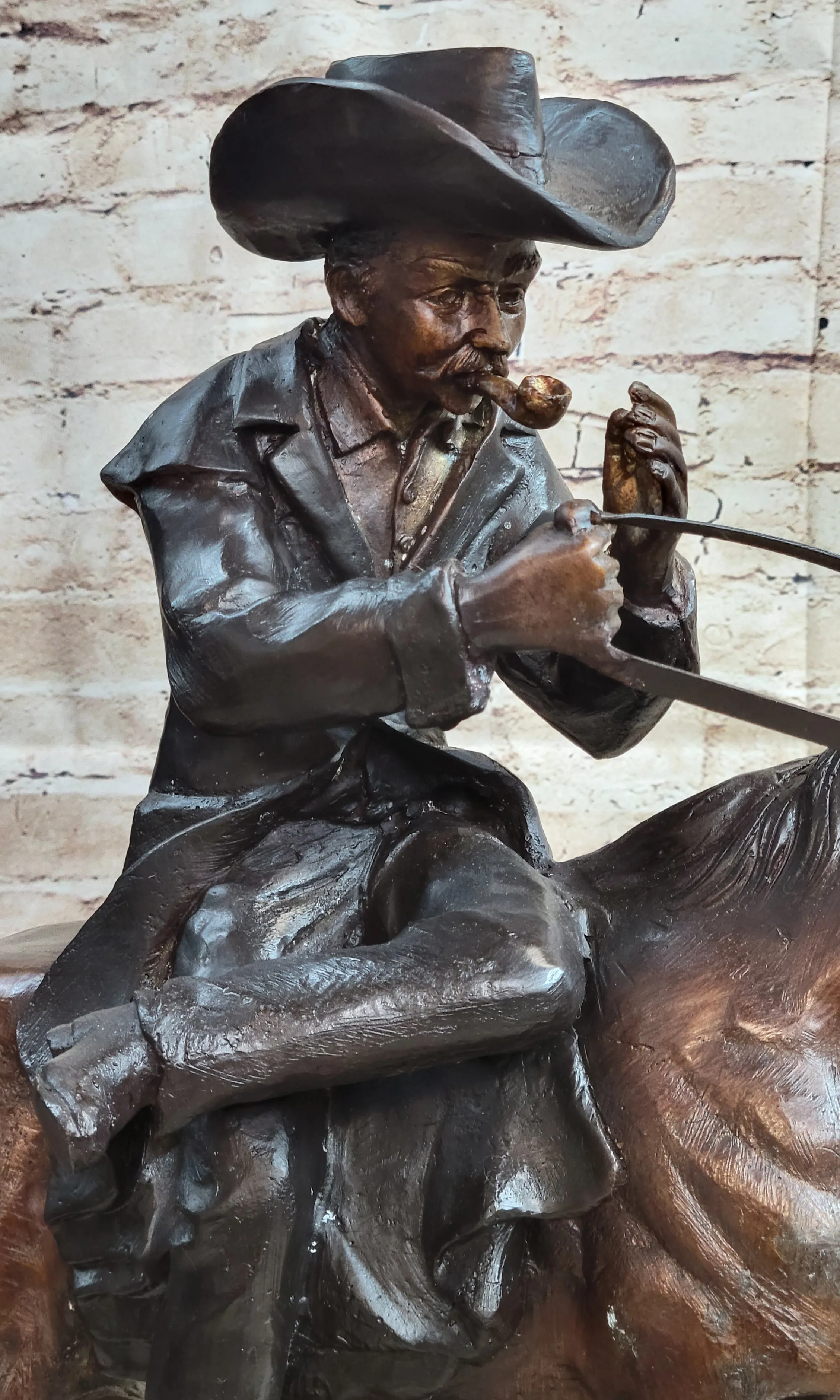 "Breath" Bronze Sculpture of Cowboy Smoking Pipe