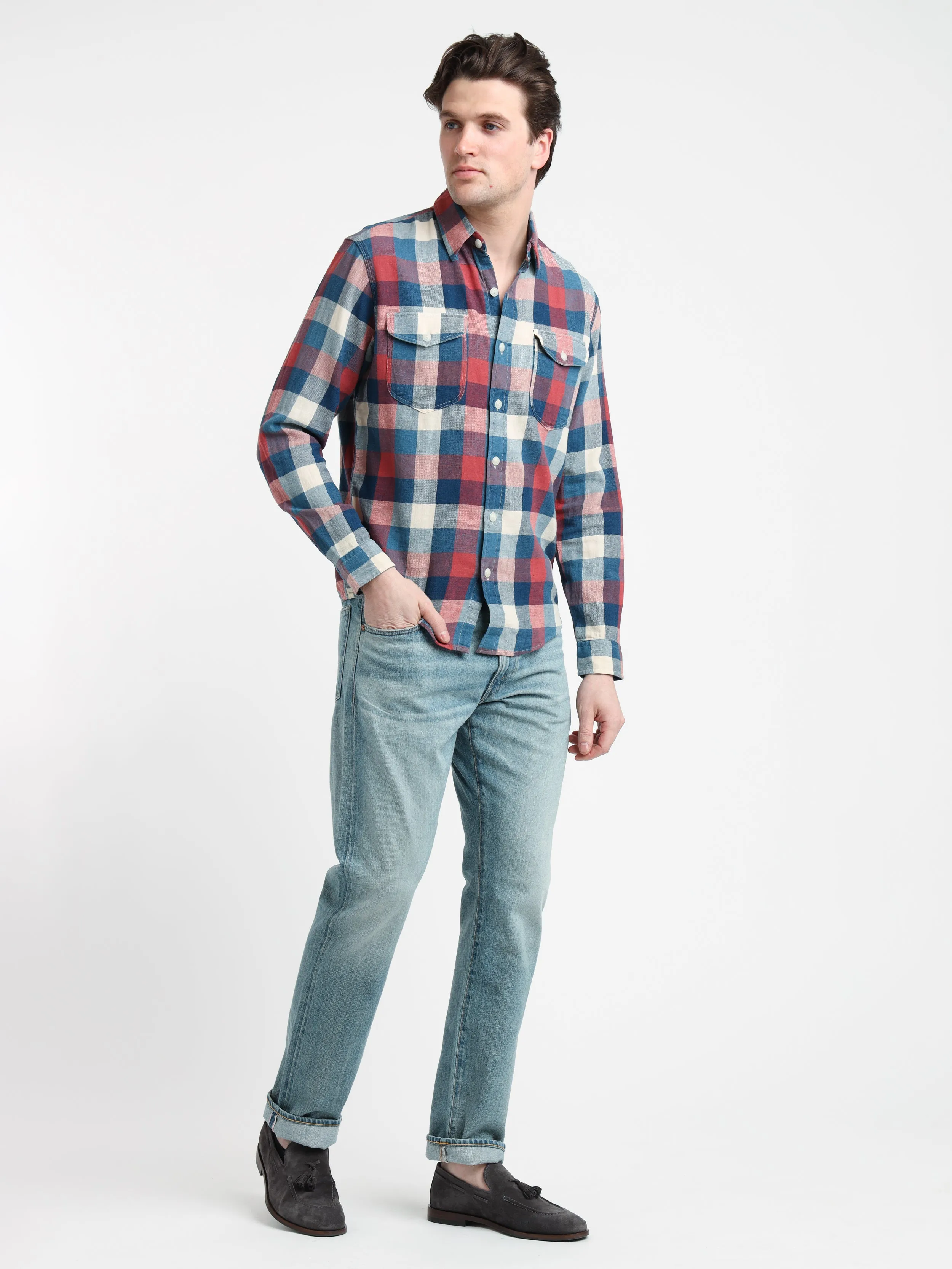 Red/Indigo Plaid Cotton-Linen Workshirt