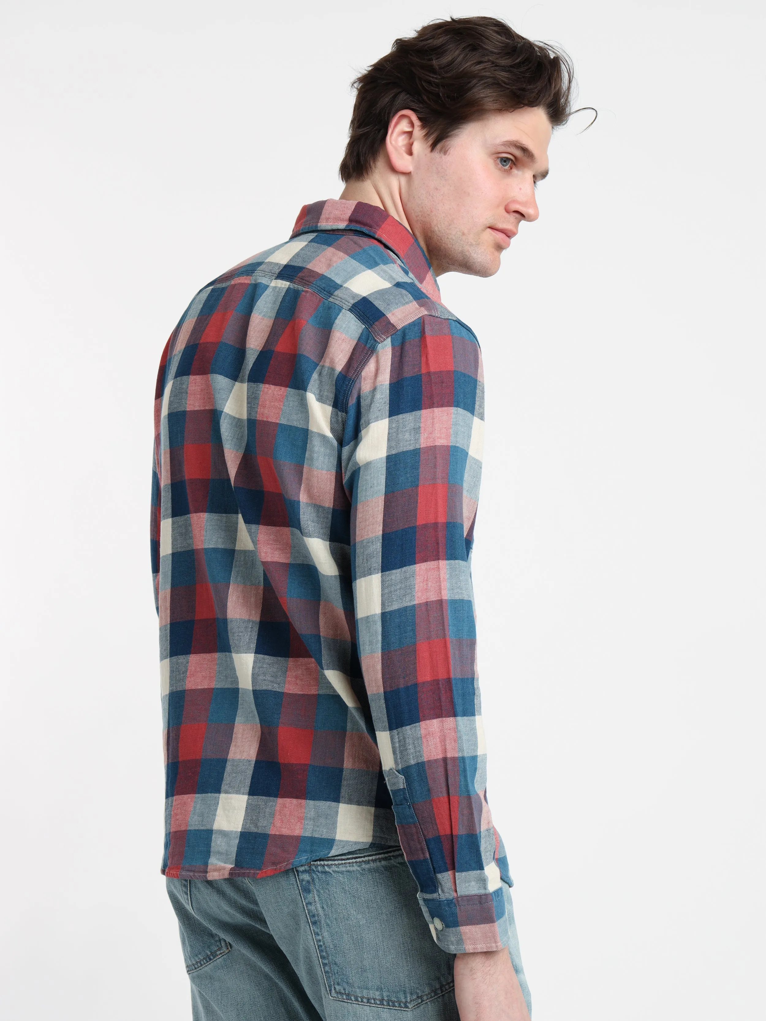 Red/Indigo Plaid Cotton-Linen Workshirt