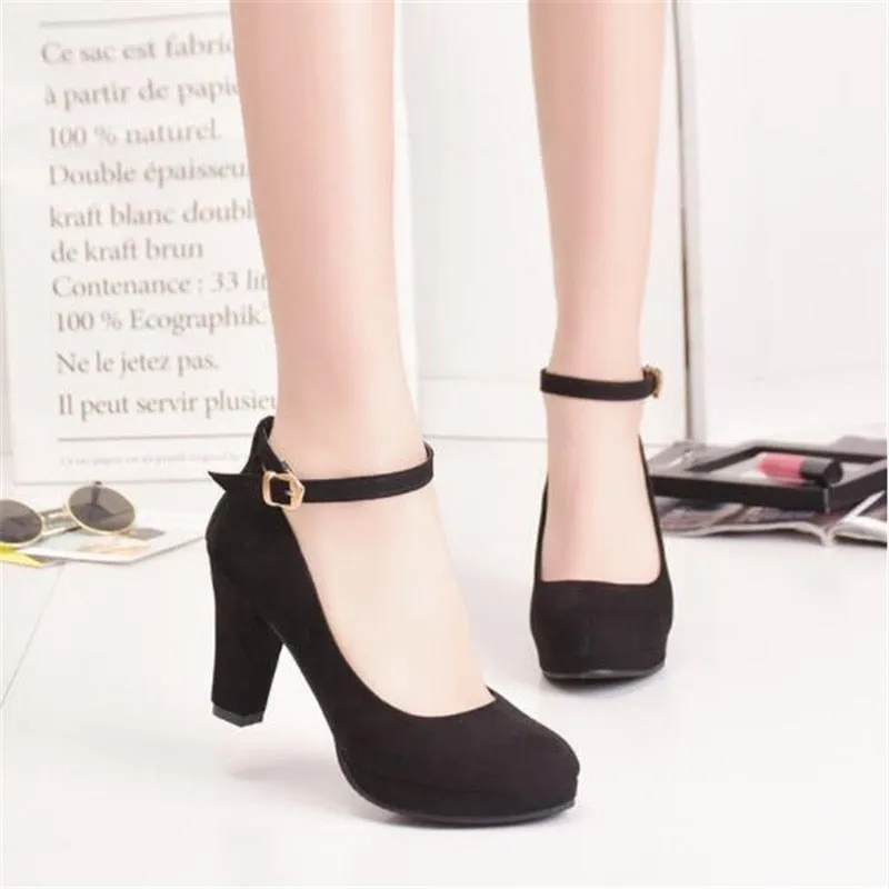 Women's Fashion Pumps Sweet Woman Thick High Heels Ankle Strap Flock Female Platform Mary Jane Women Shoes Ladies Footwear