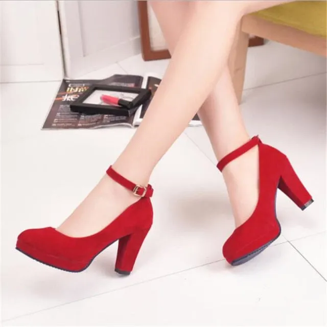 Women's Fashion Pumps Sweet Woman Thick High Heels Ankle Strap Flock Female Platform Mary Jane Women Shoes Ladies Footwear