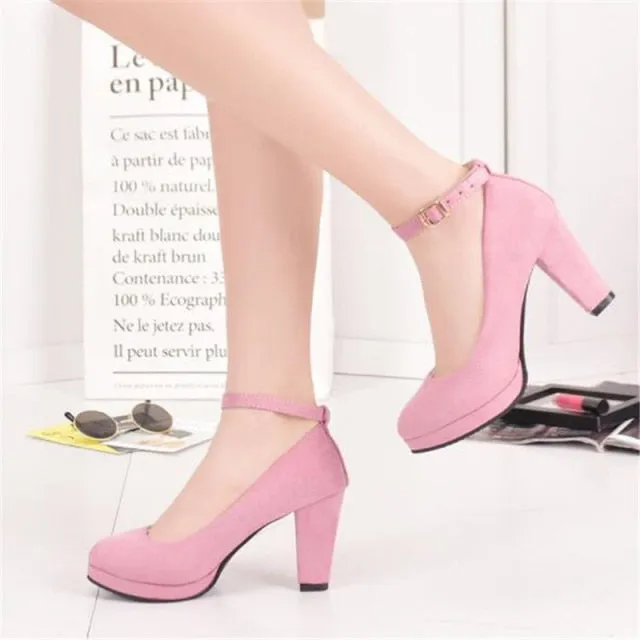 Women's Fashion Pumps Sweet Woman Thick High Heels Ankle Strap Flock Female Platform Mary Jane Women Shoes Ladies Footwear